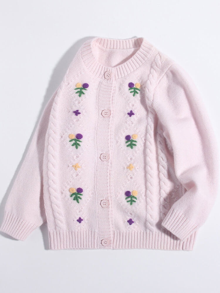 Girls Light Pink Floral Embroidered Cable Knit Cashmere Cardigan